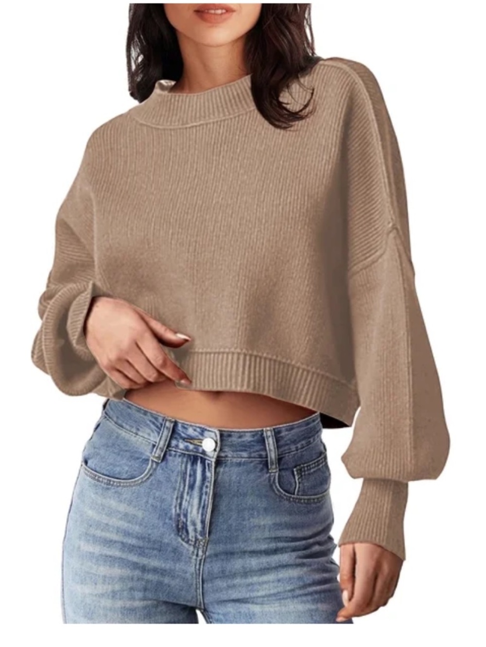 NWT Rosvigor Beige Cropped Crewneck Sweater Sz M